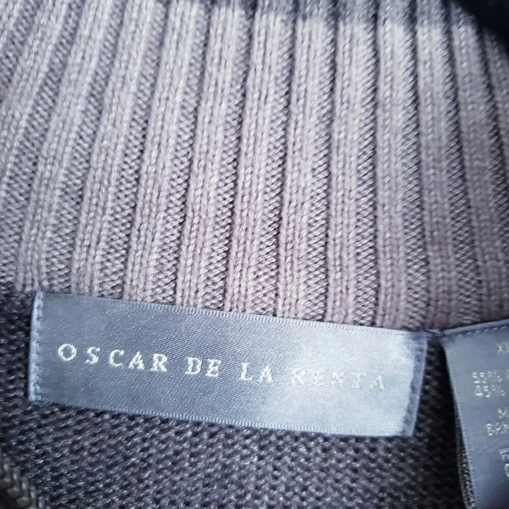 Oscar De La Renta Gray Stripped Quarter Zip Pullover Cotton Sweater